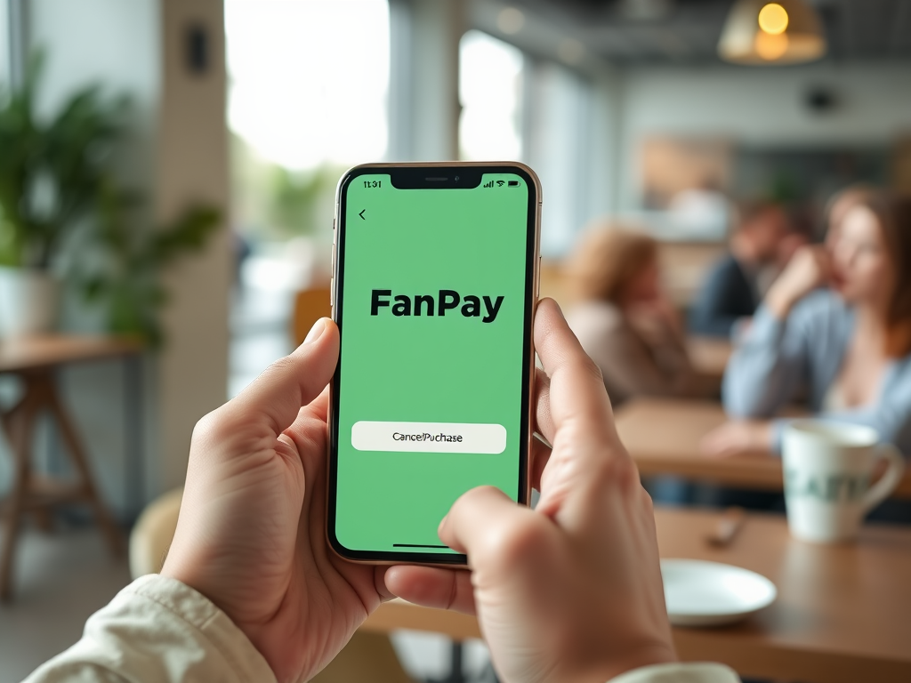 Экран смартфона с приложением FanPay на фоне кафе, видны люди за столом.